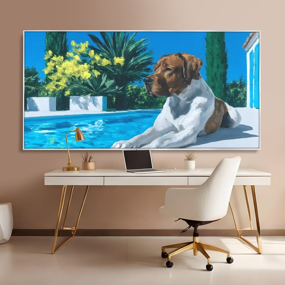 Tablou canvas cu tablou canvas cu caine la piscina, in rama de aluminiu argintiu, pe perete intr-un birou